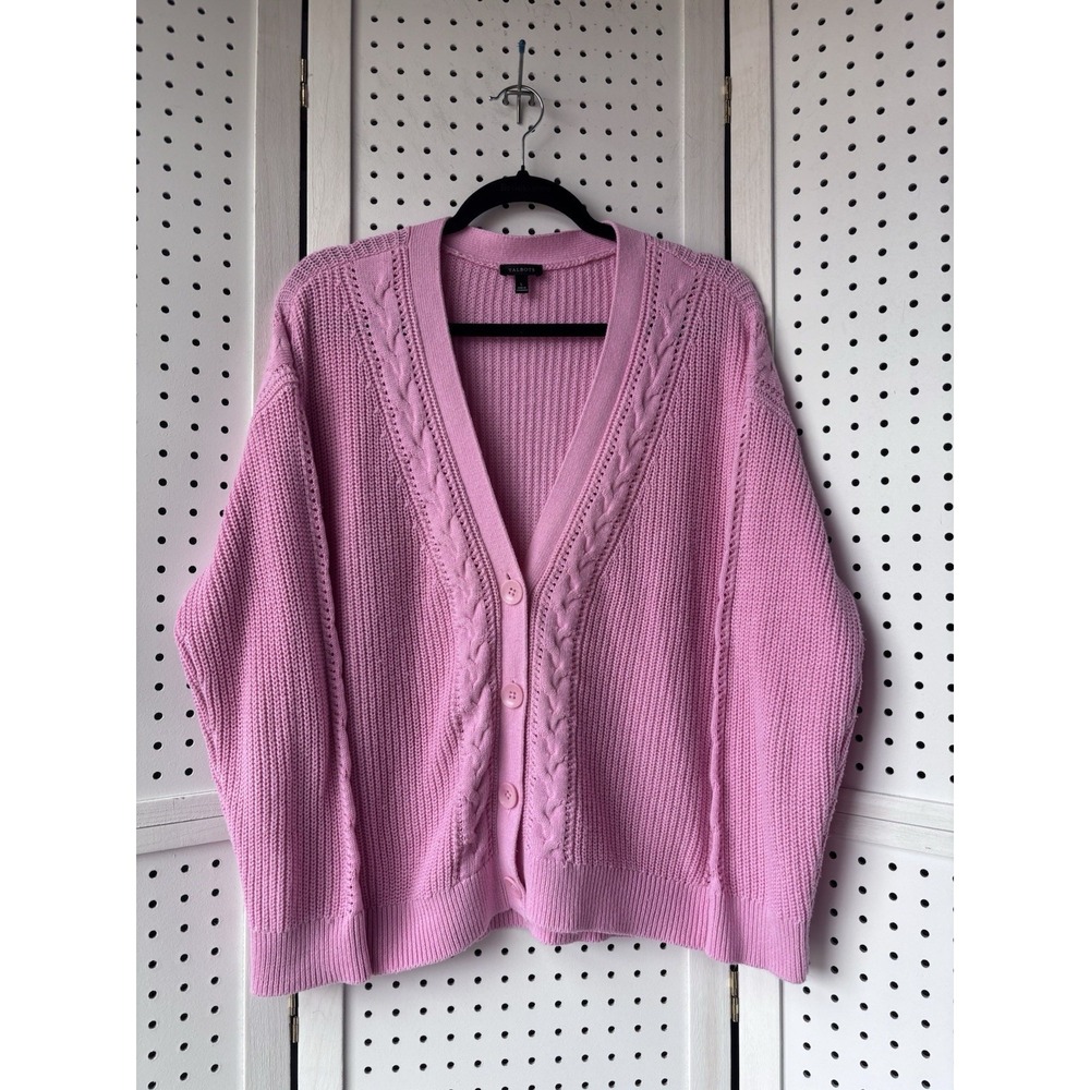 Talbots Women's Lg Pink V Neck Cable Knit Sweater Cardigan Cotton Blend